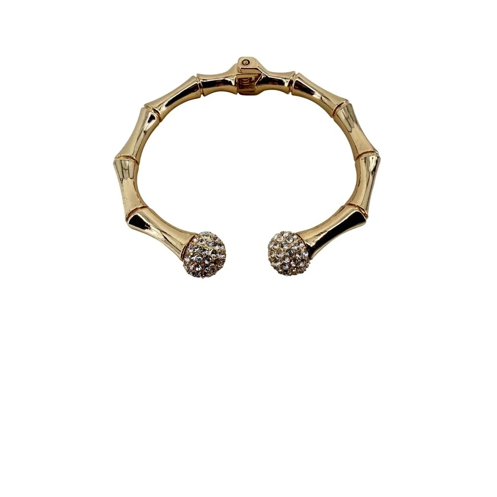 Gold Bamboo Hinged Cuff Bracelet Rhinestone Orb Bypass Bangle Statement‎ Jewelry